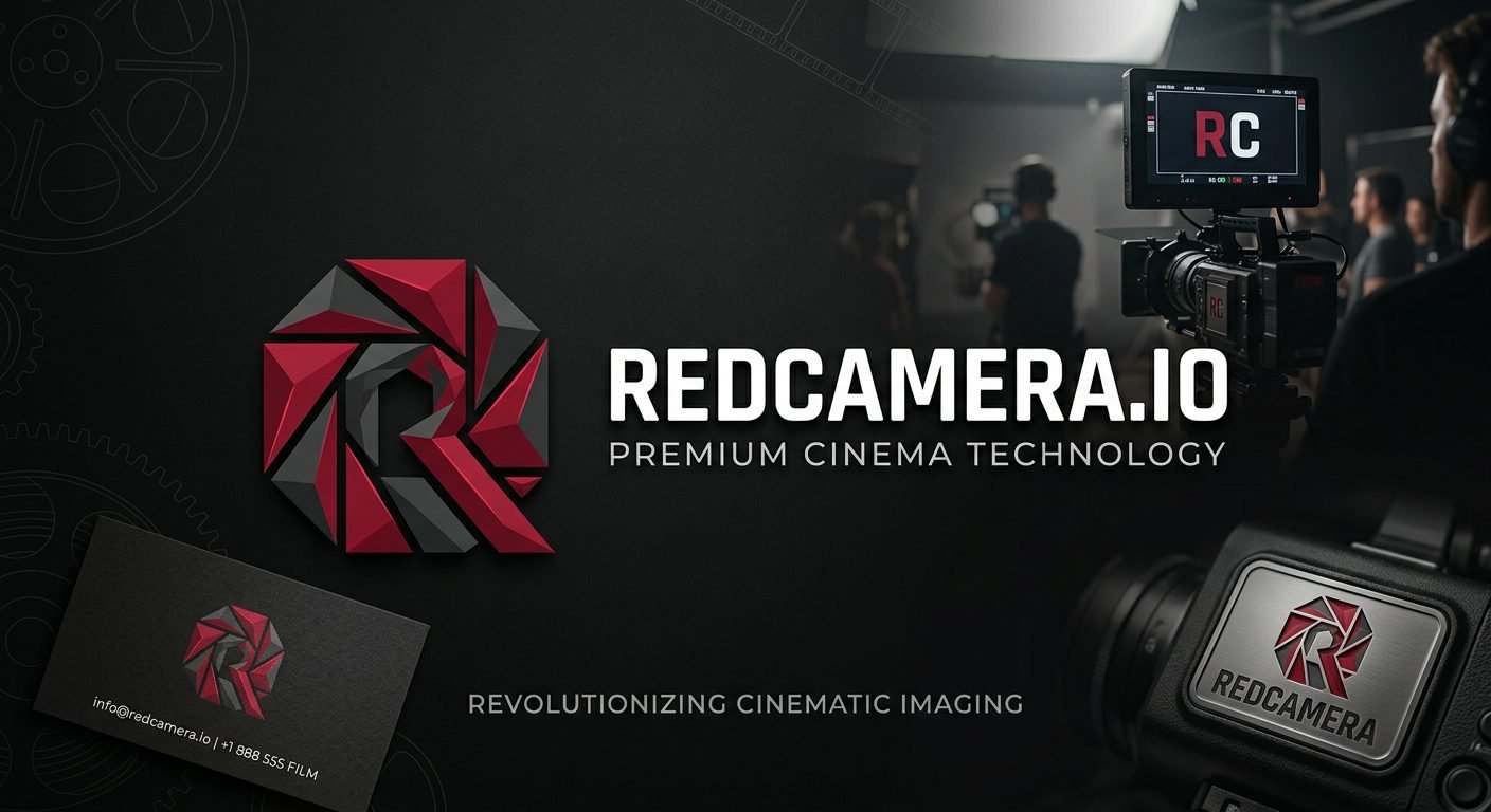 RedCamera.io brand: crimson aperture R mark on set, cards and camera badge